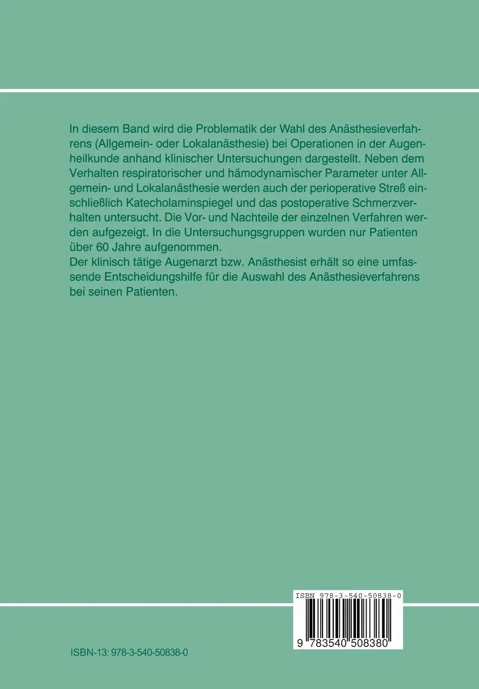 Rückseite: 9783540508380 | Anaesthesie in der Augenheilkunde | J. Schäffer | Taschenbuch | xi