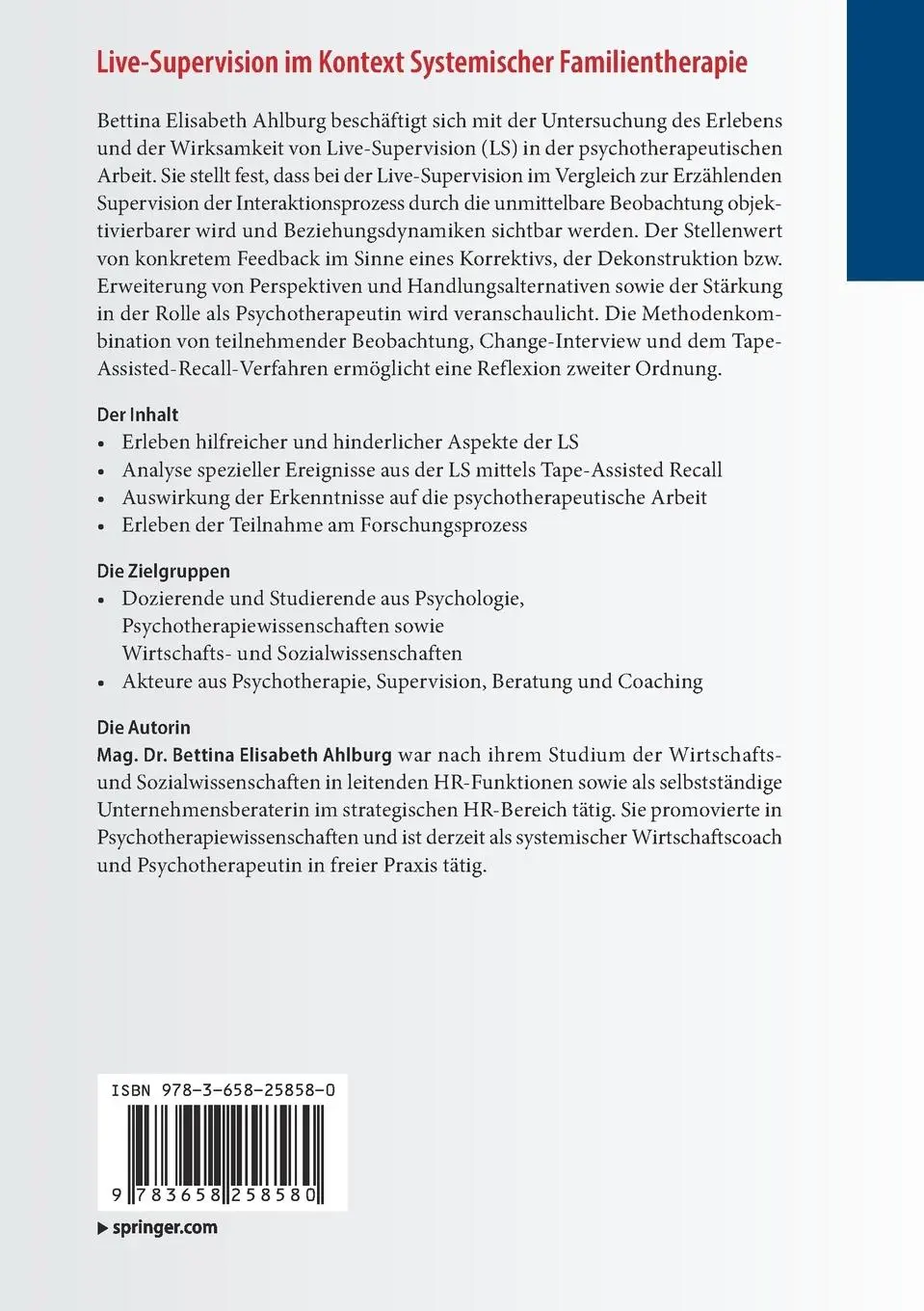 Rückseite: 9783658258580 | Live-Supervision im Kontext Systemischer Familientherapie | Ahlburg