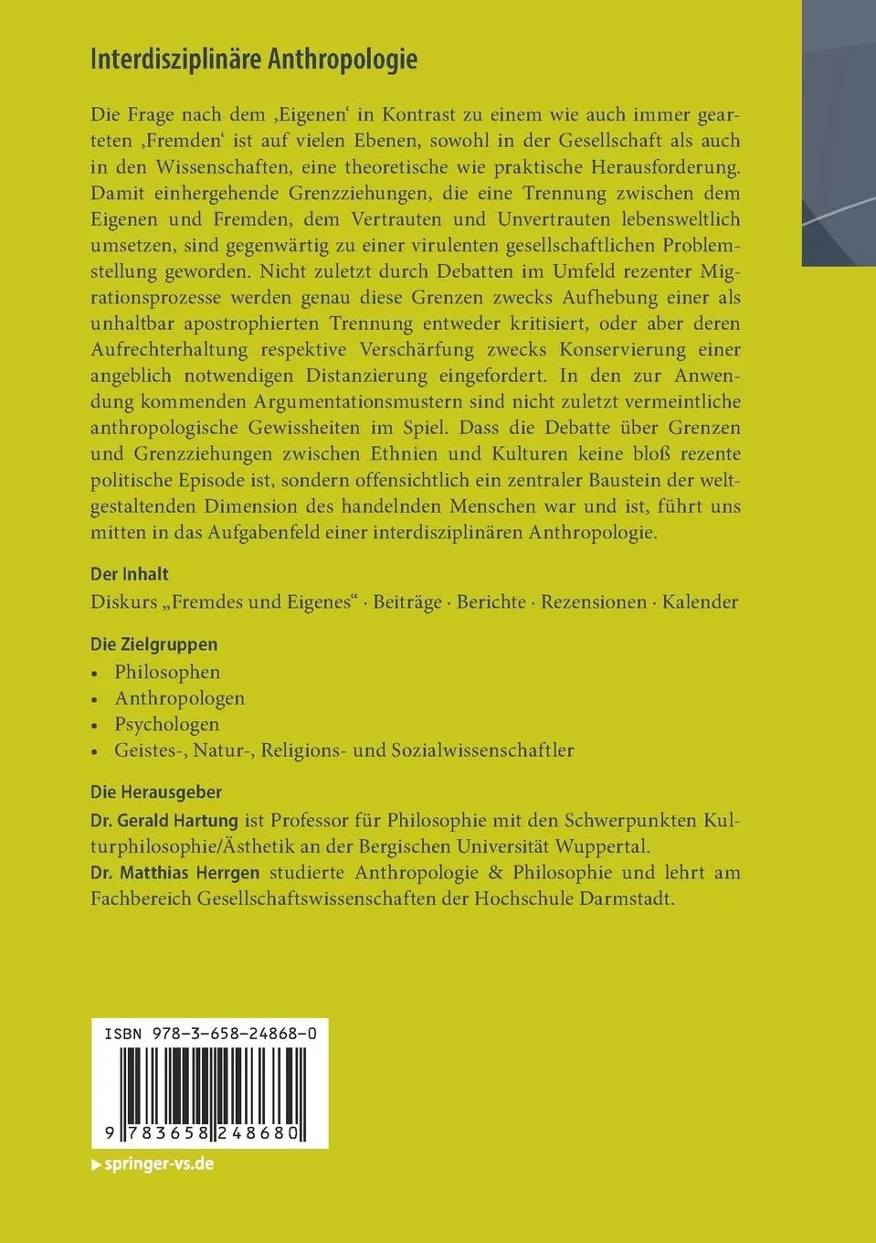 Rückseite: 9783658248680 | Interdisziplinäre Anthropologie | Gerald Hartung (u. a.) | Taschenbuch