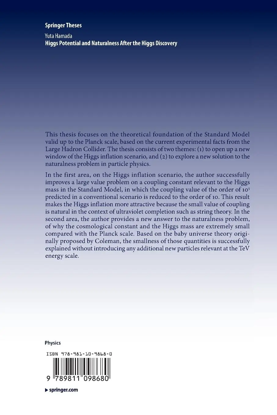 Rückseite: 9789811098680 | Higgs Potential and Naturalness After the Higgs Discovery | Hamada
