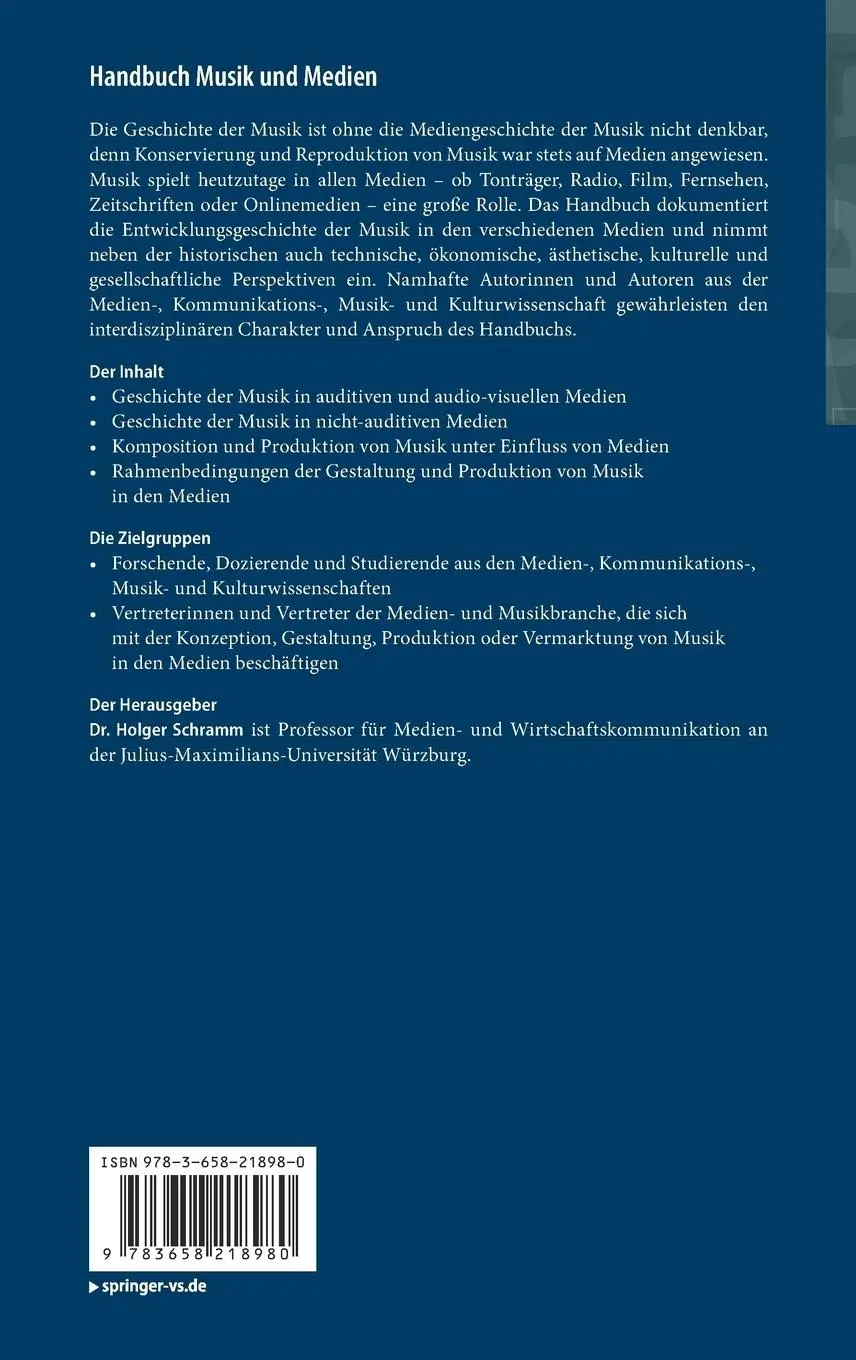 Rückseite: 9783658218980 | Handbuch Musik und Medien | Holger Schramm | Buch | viii | Deutsch