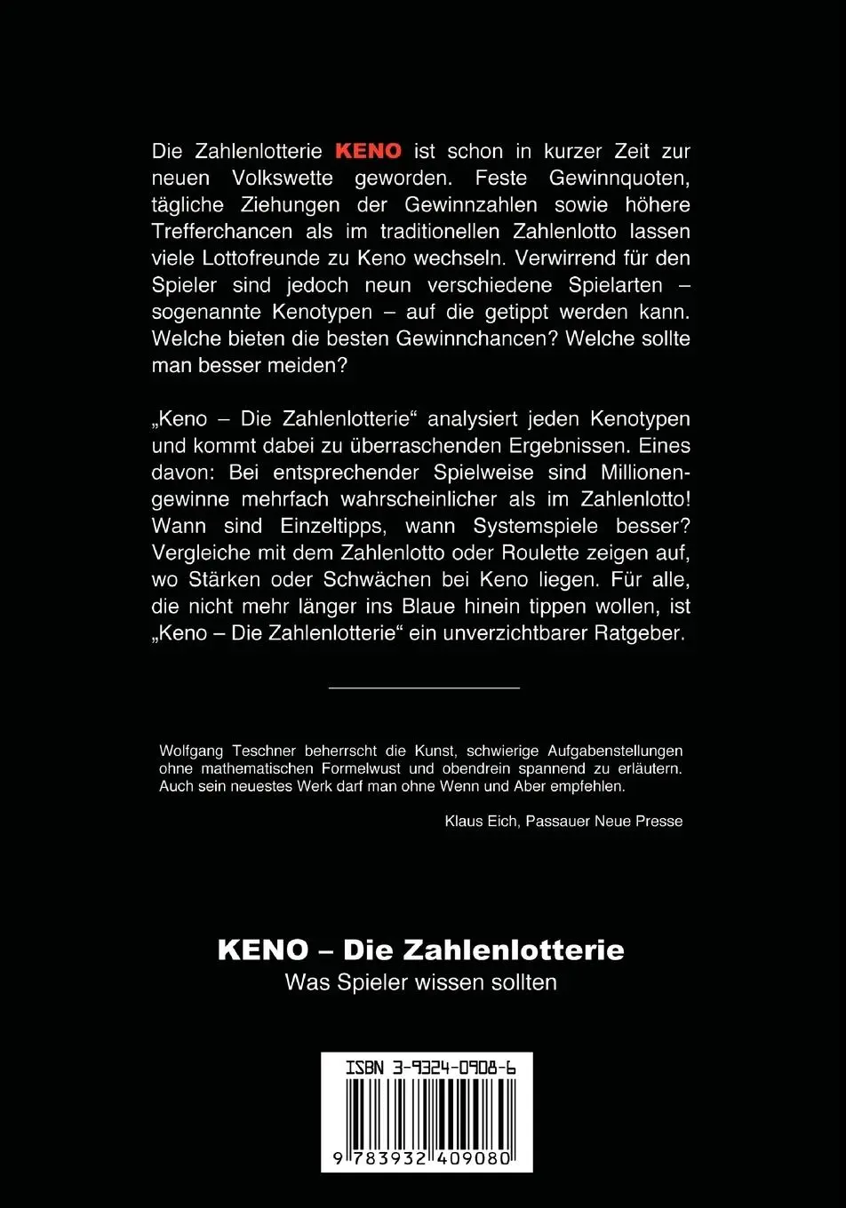 Rückseite: 9783932409080 | KENO - Die Zahlenlotterie | Was Spieler wissen sollten | Teschner