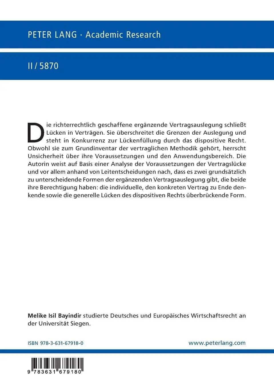 Rückseite: 9783631679180 | Die ergänzende Vertragsauslegung im Spiegel der Rechtsprechung | Buch