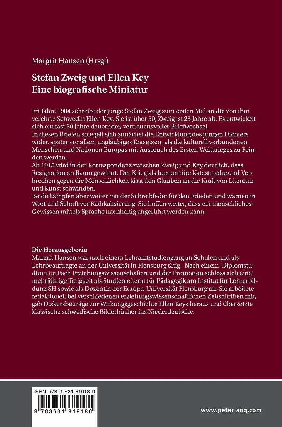 Rückseite: 9783631819180 | STEFAN ZWEIG UND ELLEN KEY. EINE BIOGRAFISCHE MINIATUR | Hansen | Buch
