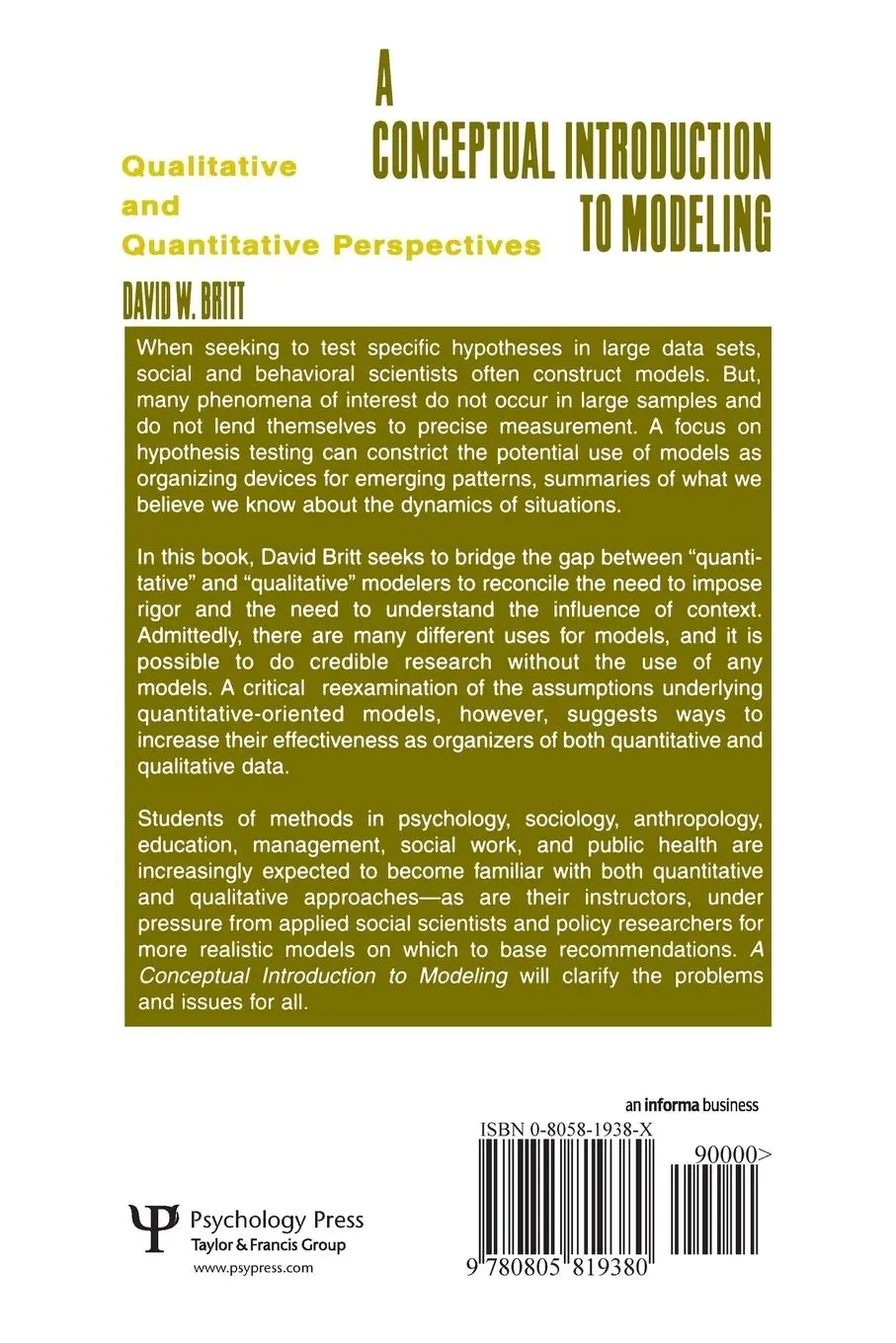 Rückseite: 9780805819380 | A Conceptual Introduction To Modeling | David W. Britt | Taschenbuch