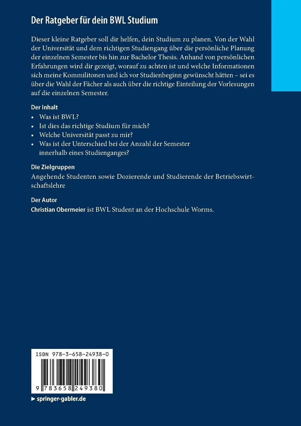 Rückseite: 9783658249380 | Der Ratgeber für dein BWL Studium | Von der Uniwahl bis zur Thesis