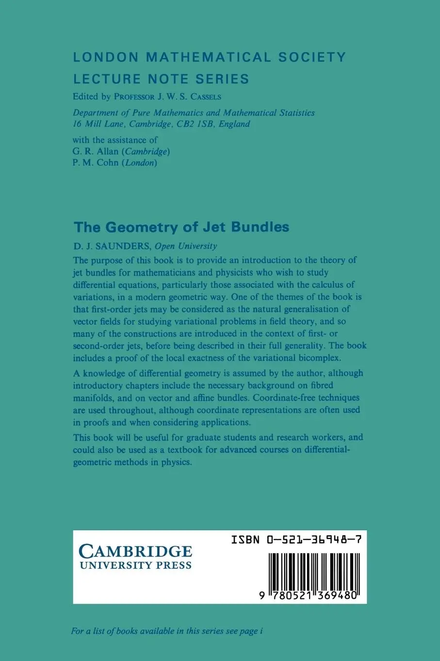 Rückseite: 9780521369480 | The Geometry of Jet Bundles | D. J. Saunders | Taschenbuch | Englisch