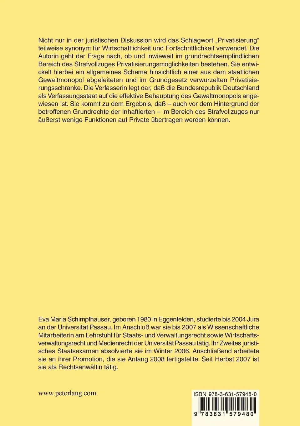 Rückseite: 9783631579480 | Das Gewaltmonopol des Staates als Grenze der Privatisierung von...
