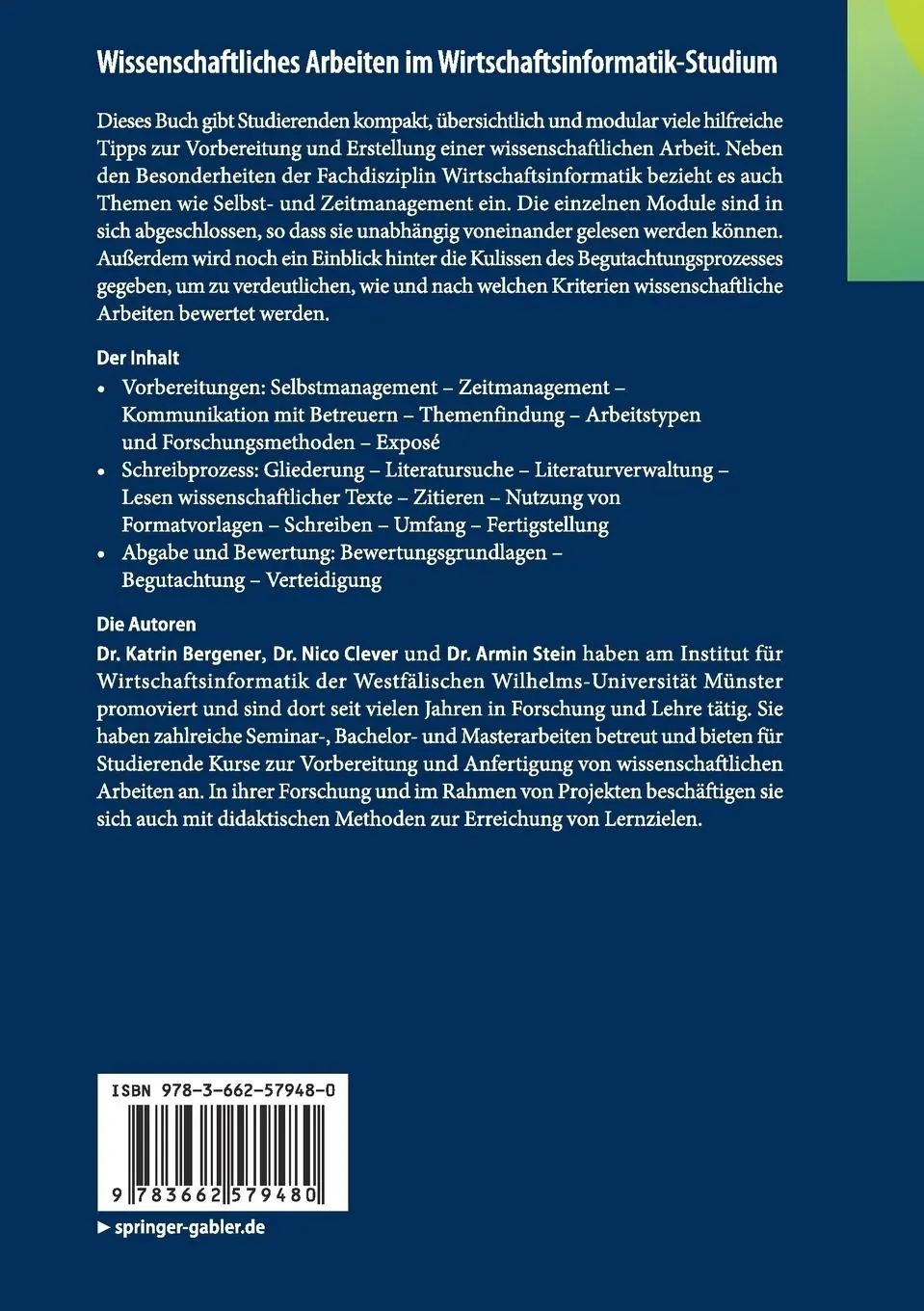 Rückseite: 9783662579480 | Wissenschaftliches Arbeiten im Wirtschaftsinformatik-Studium | Buch