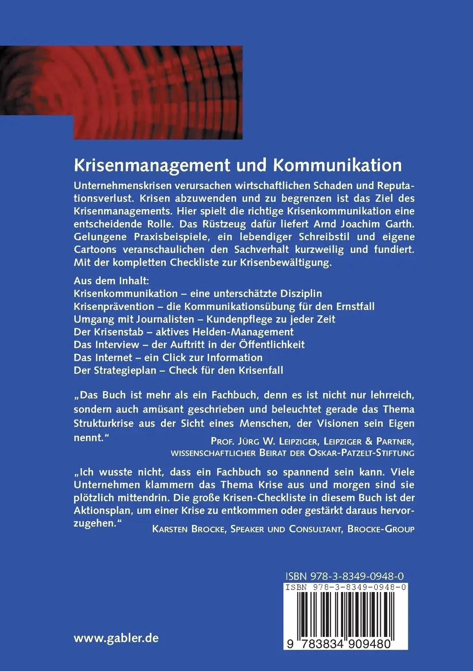 Rückseite: 9783834909480 | Krisenmanagement und Kommunikation | Arnd Joachim Garth | Taschenbuch