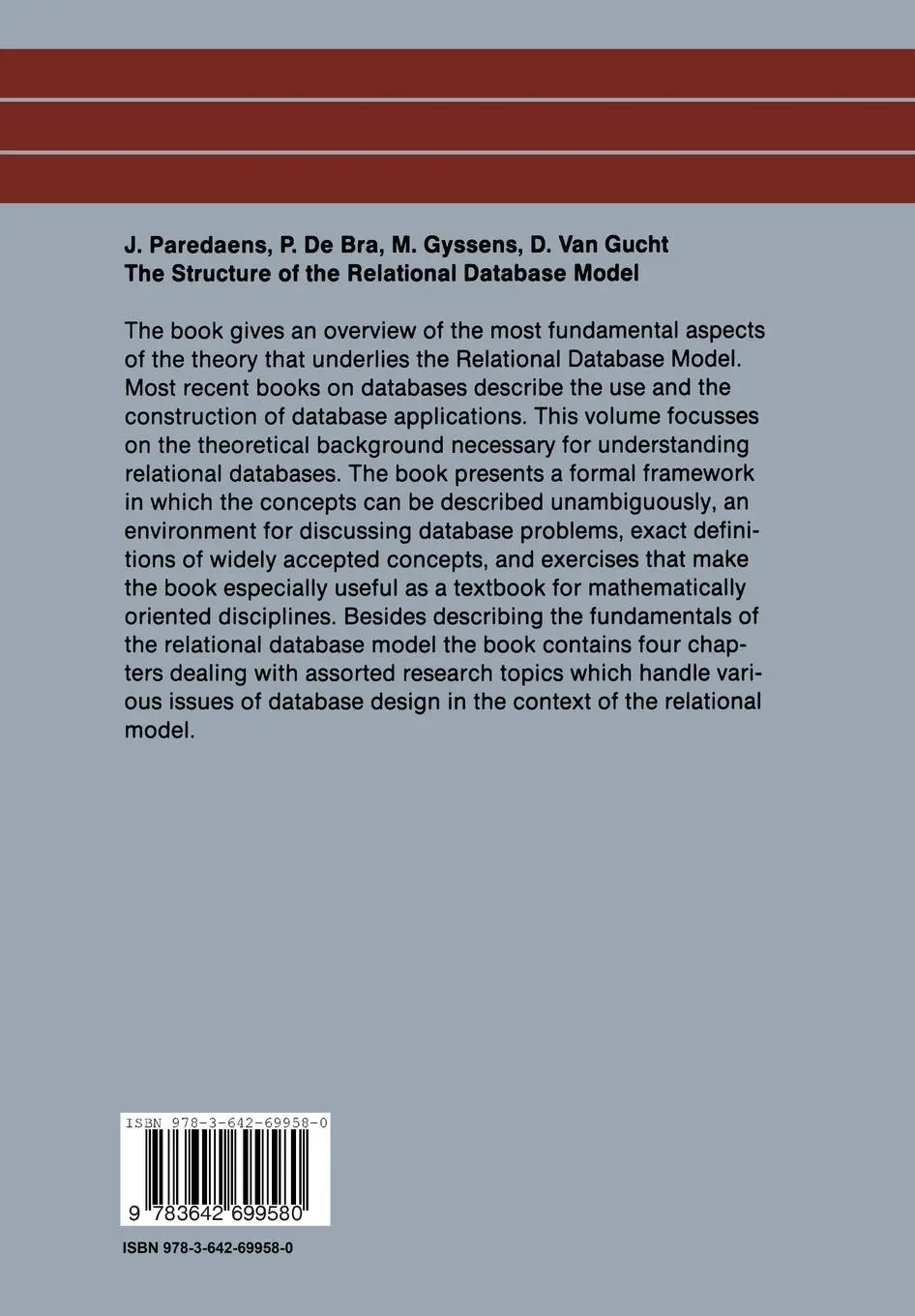 Rückseite: 9783642699580 | The Structure of the Relational Database Model | Jan Paredaens (u. a.)