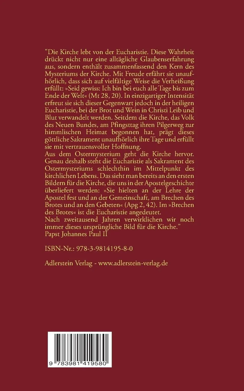 Rückseite: 9783981419580 | Enzyklika Ecclesia de Eucharistia | Papst Johannes Paul II | Buch