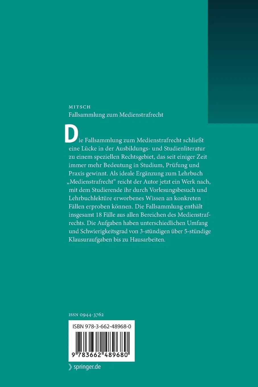 Rückseite: 9783662489680 | Fallsammlung zum Medienstrafrecht | Wolfgang Mitsch | Taschenbuch