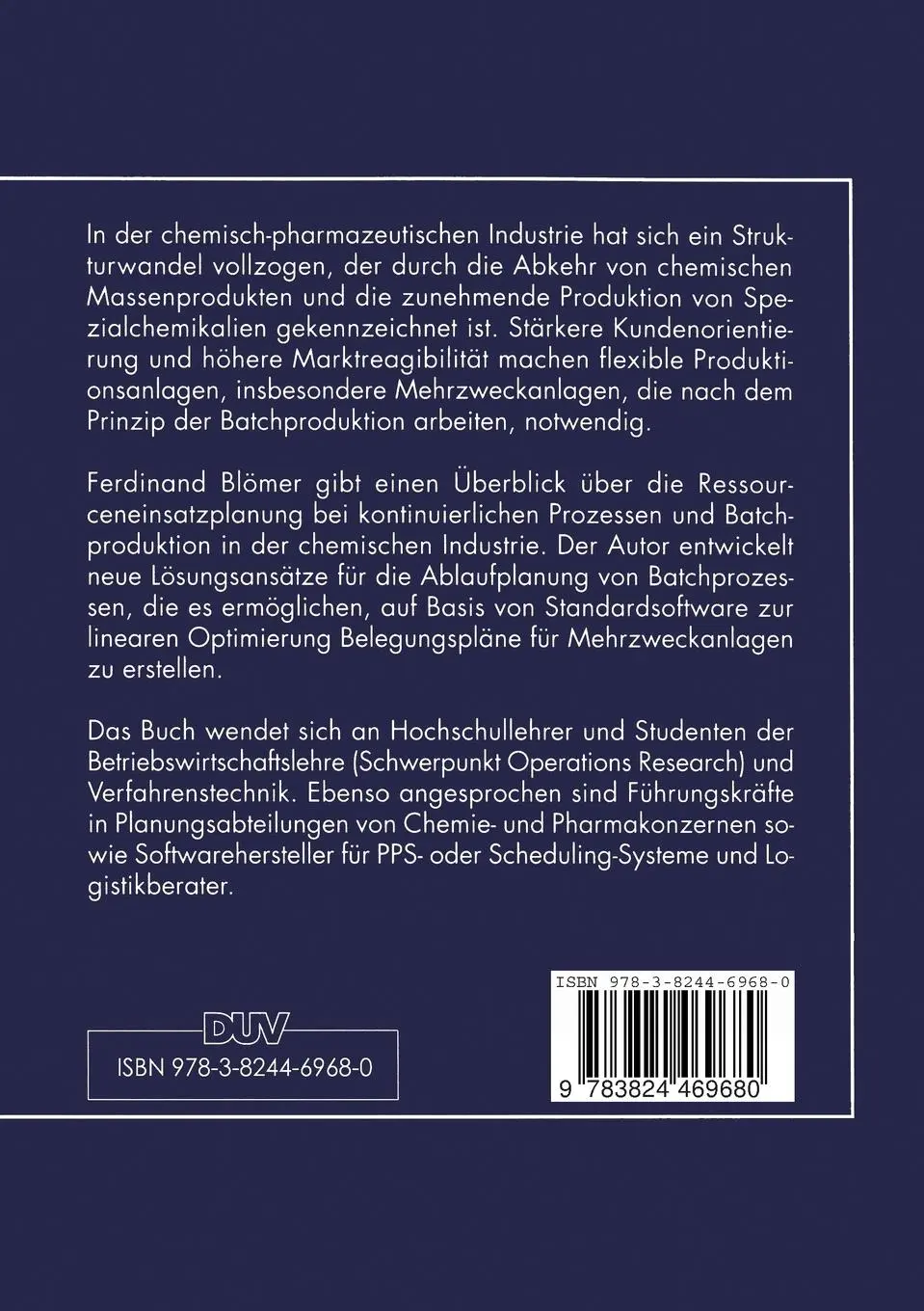 Rückseite: 9783824469680 | Produktionsplanung und -steuerung in der chemischen Industrie | Blömer