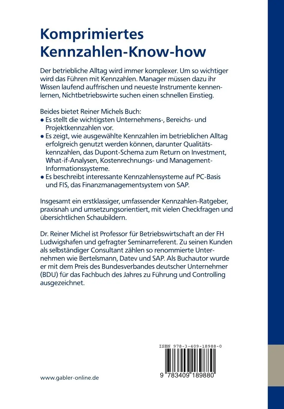 Rückseite: 9783409189880 | Komprimiertes Kennzahlen-Know-how | Reiner Michel | Taschenbuch | 1999