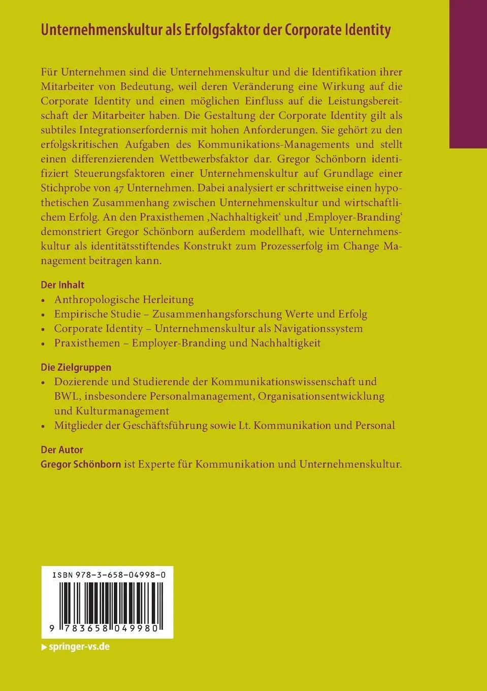 Rückseite: 9783658049980 | Unternehmenskultur als Erfolgsfaktor der Corporate Identity | Buch
