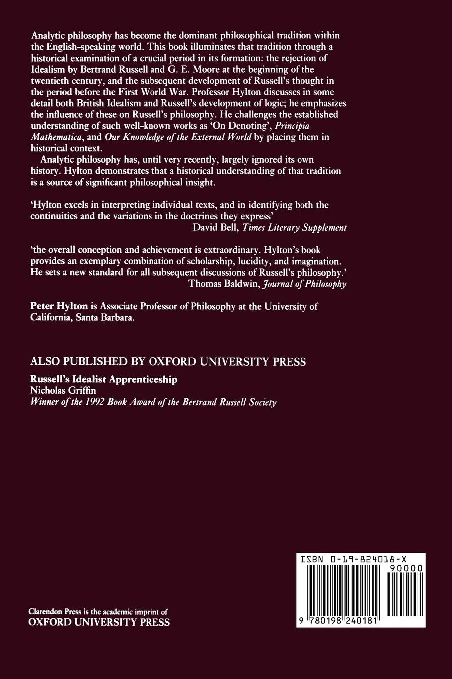 Rückseite: 9780198240181 | Russell, Idealism and the Emergence of Analytic Philosophy | Hylton