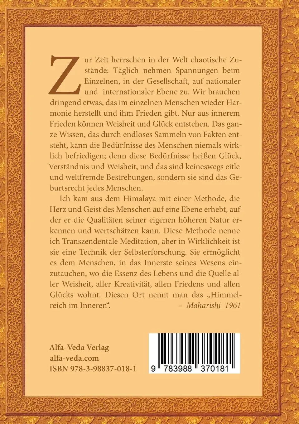 Rückseite: 9783988370181 | Transzendentale Meditation | Maharishi Mahesh Yogi | Taschenbuch