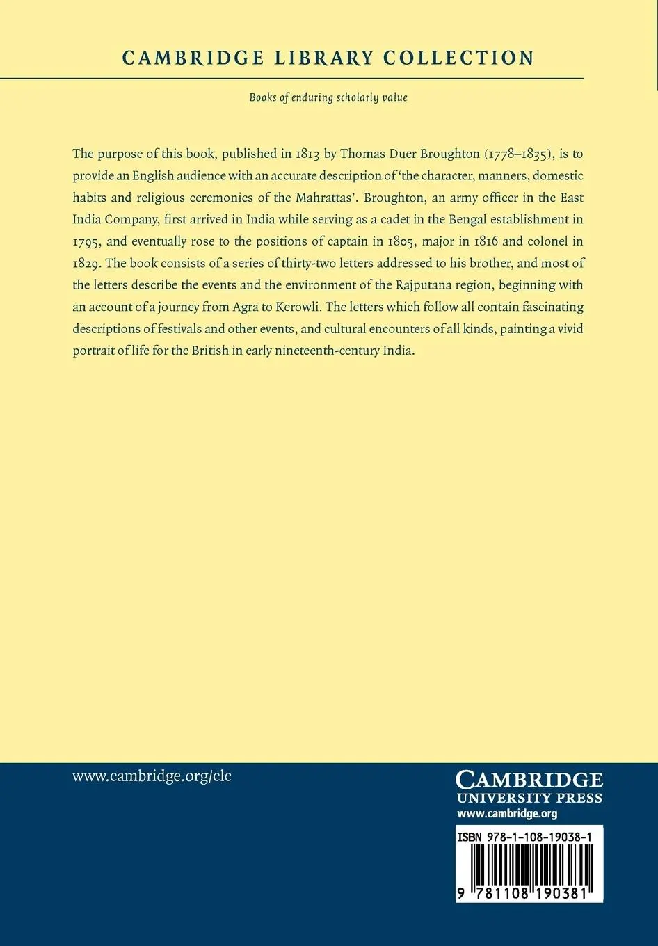 Rückseite: 9781108190381 | Letters Written in a Mahratta Camp During the Year 1809 | Broughton