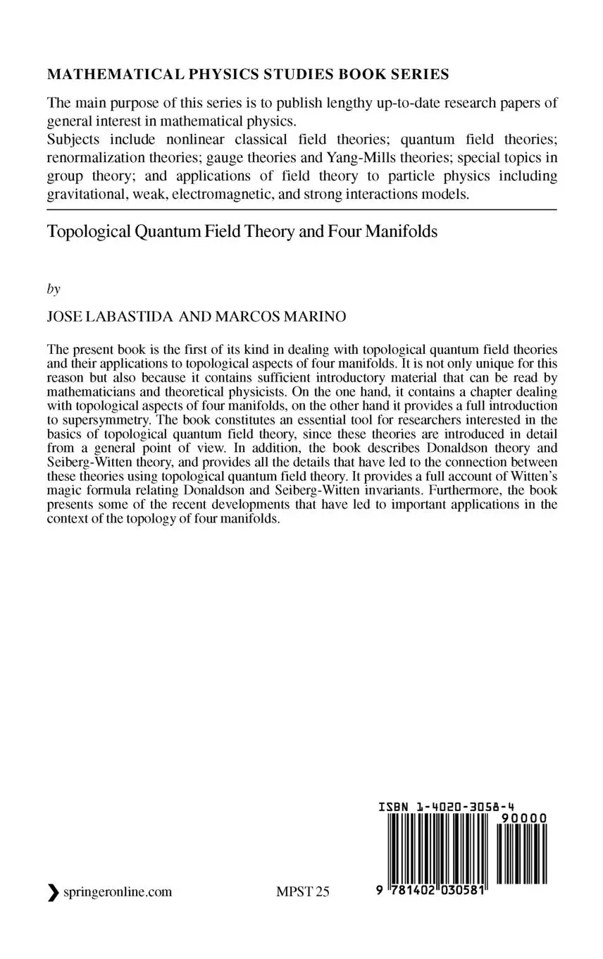 Rückseite: 9781402030581 | Topological Quantum Field Theory and Four Manifolds | Marino (u. a.)