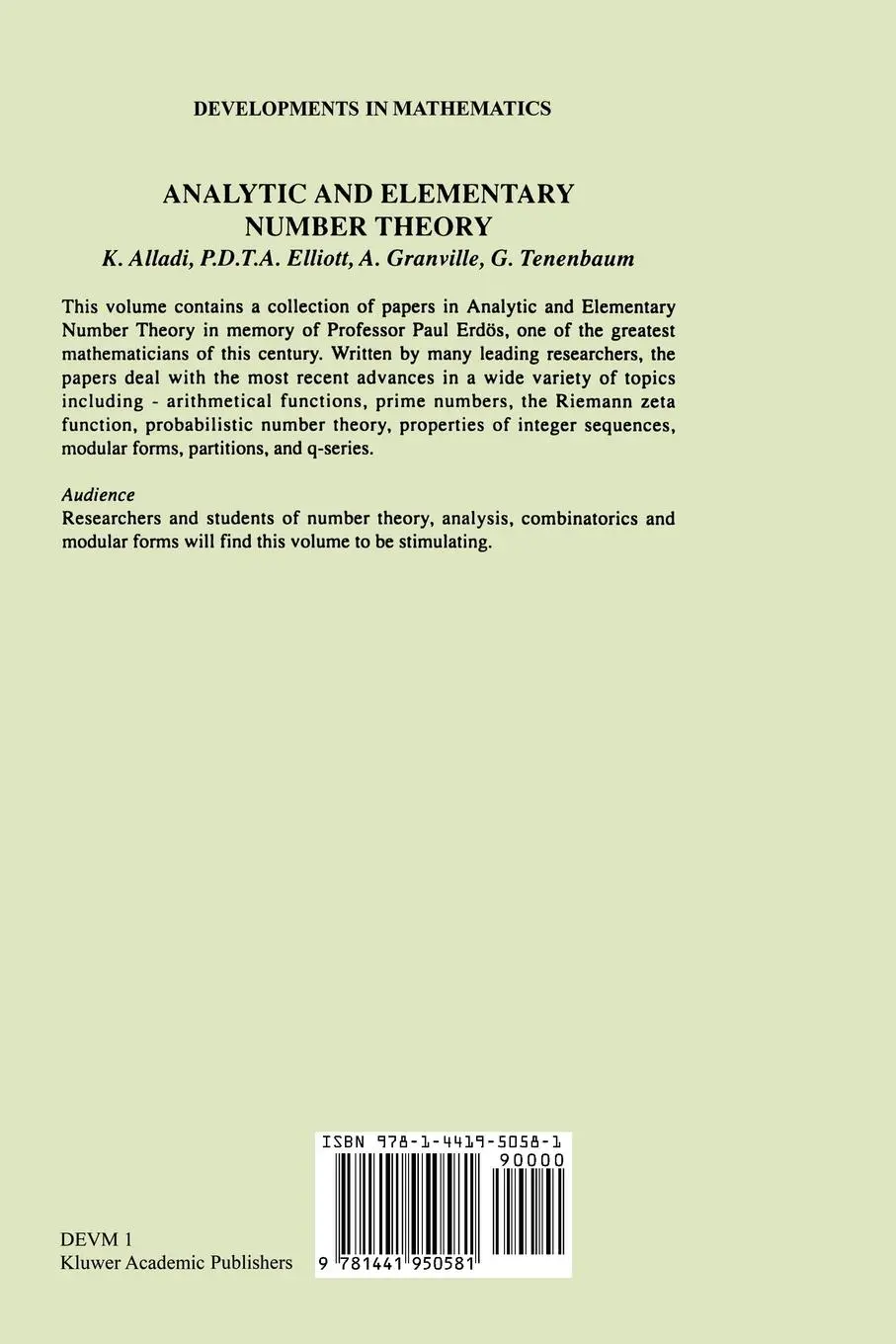 Rückseite: 9781441950581 | Analytic and Elementary Number Theory | Krishnaswami Alladi (u. a.)