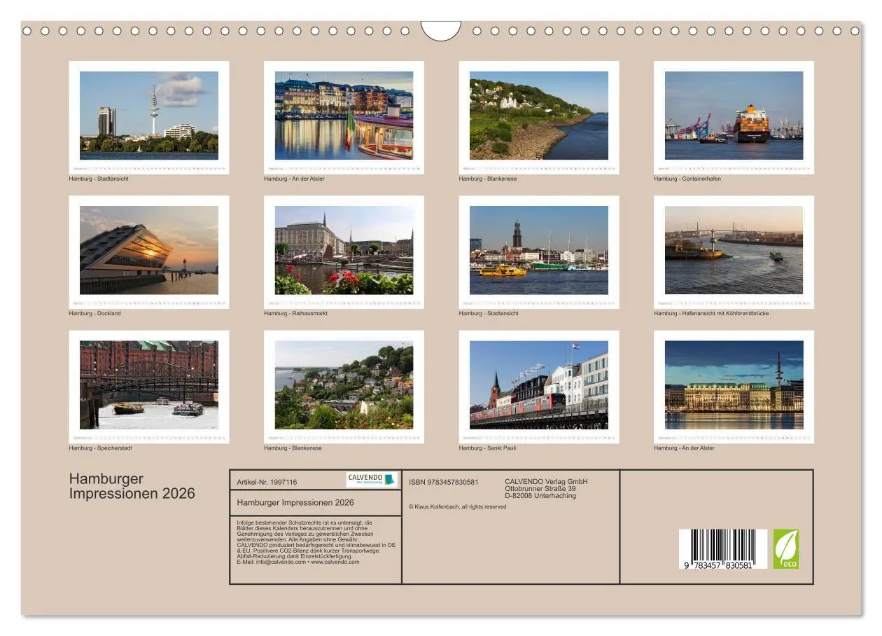 Bild: 9783457830581 | Hamburger Impressionen 2026 (Wandkalender 2026 DIN A3 quer),...