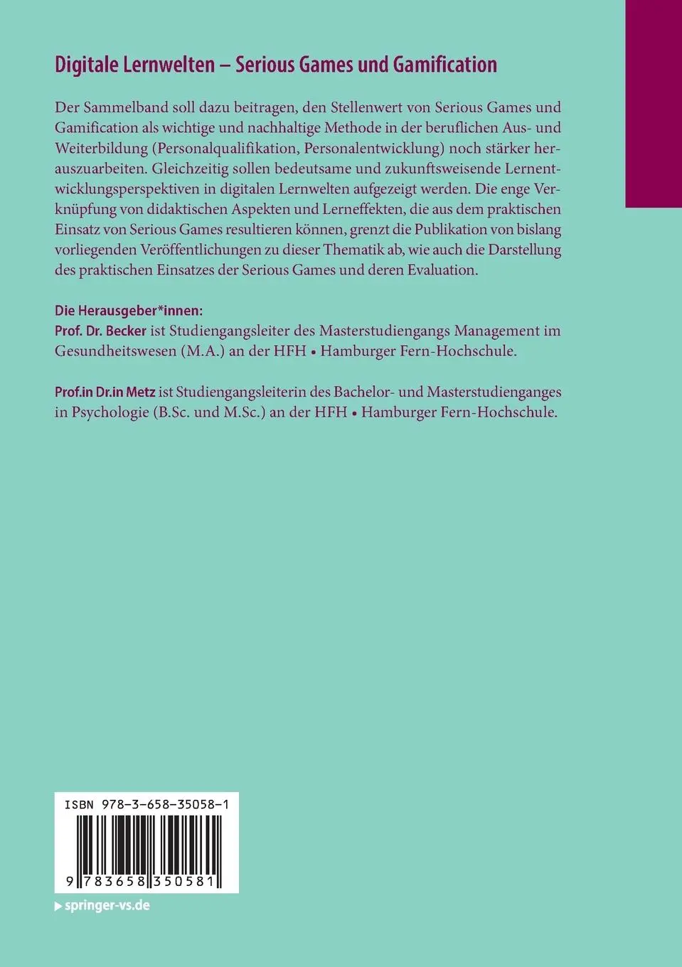 Rückseite: 9783658350581 | Digitale Lernwelten - Serious Games und Gamification | Metz (u. a.)