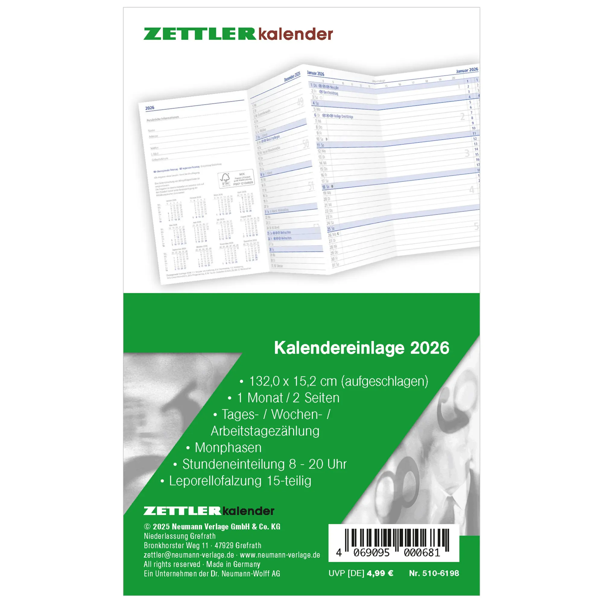 Cover: 4069095000681 | Kalender-Ersatzeinlage 2026 - für den Taschenplaner Leporello Typ...