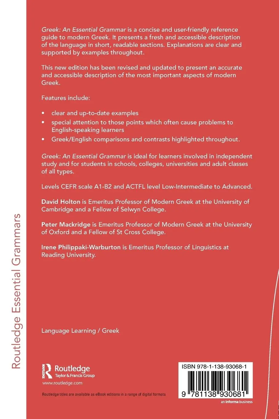 Rückseite: 9781138930681 | Greek | An Essential Grammar | David Holton (u. a.) | Taschenbuch