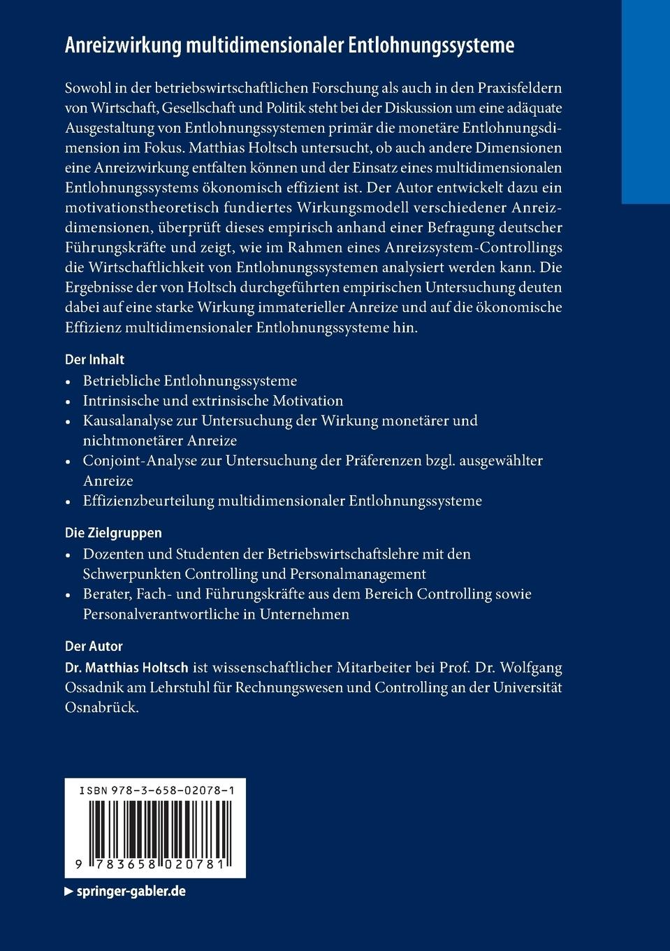 Rückseite: 9783658020781 | Anreizwirkung multidimensionaler Entlohnungssysteme | Matthias Holtsch