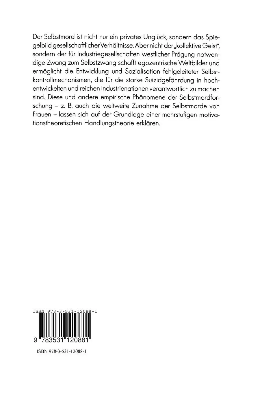 Rückseite: 9783531120881 | Soziologie des Selbstmords | Christa Lindner-Braun | Taschenbuch