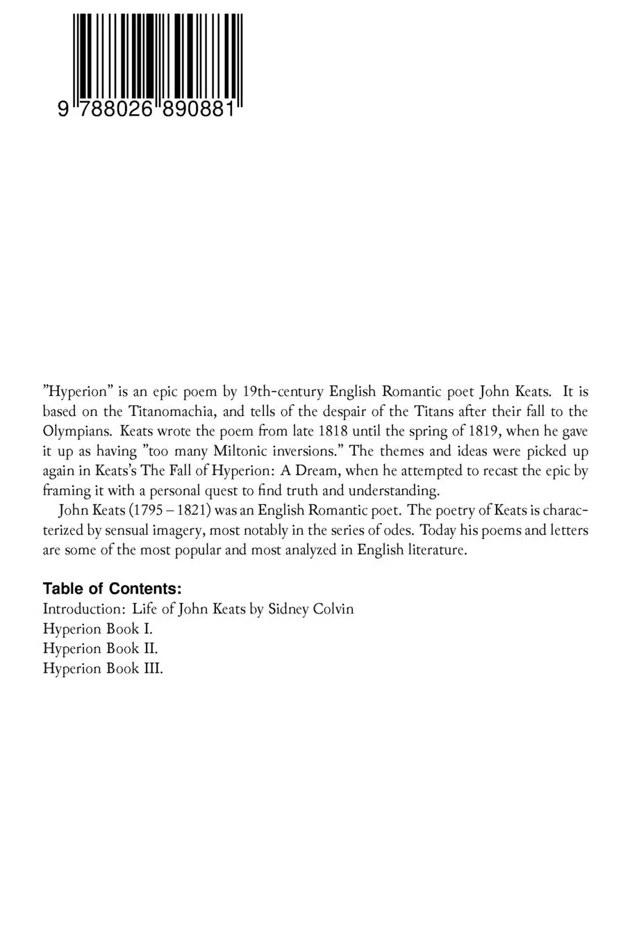 Rückseite: 9788026890881 | John Keats | Hyperion (Unabridged): An Epic Poem | John Keats | Buch
