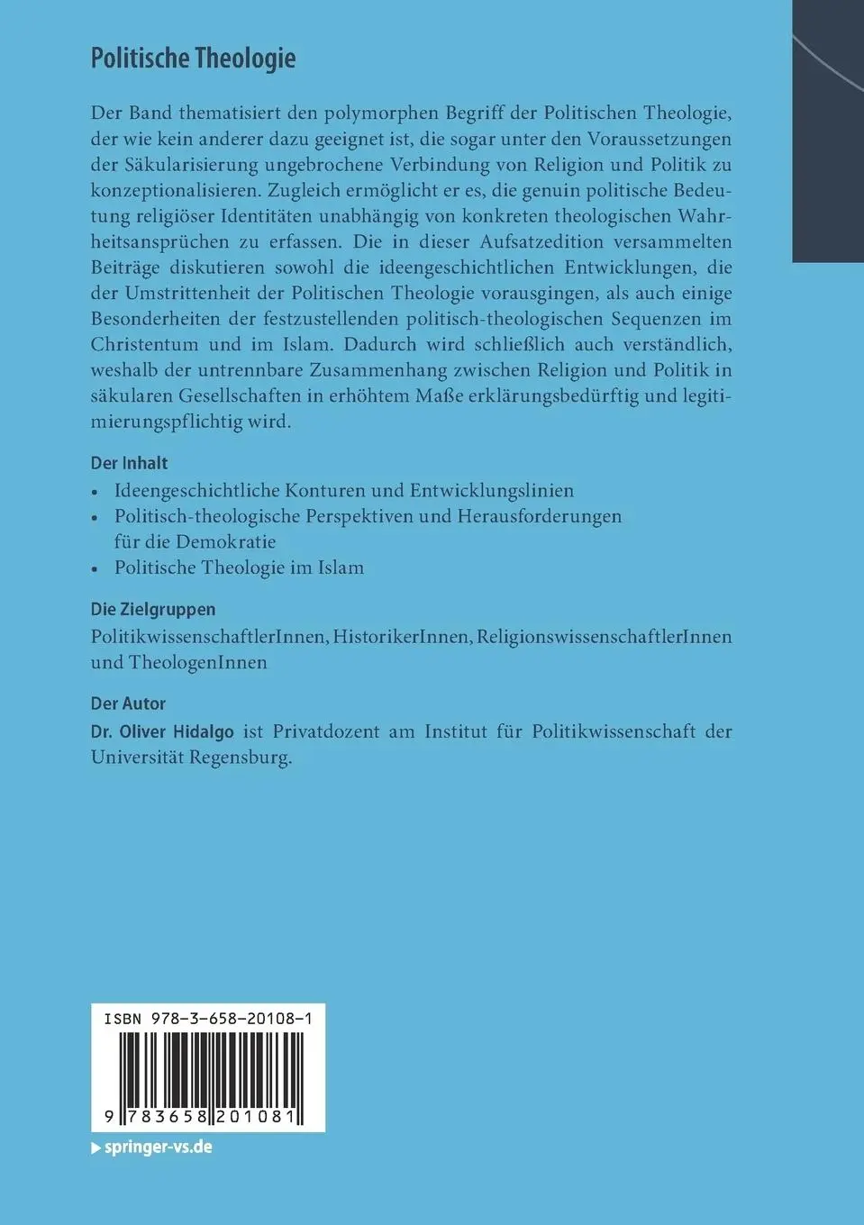 Rückseite: 9783658201081 | Politische Theologie | Oliver Hidalgo | Taschenbuch | vi | Deutsch