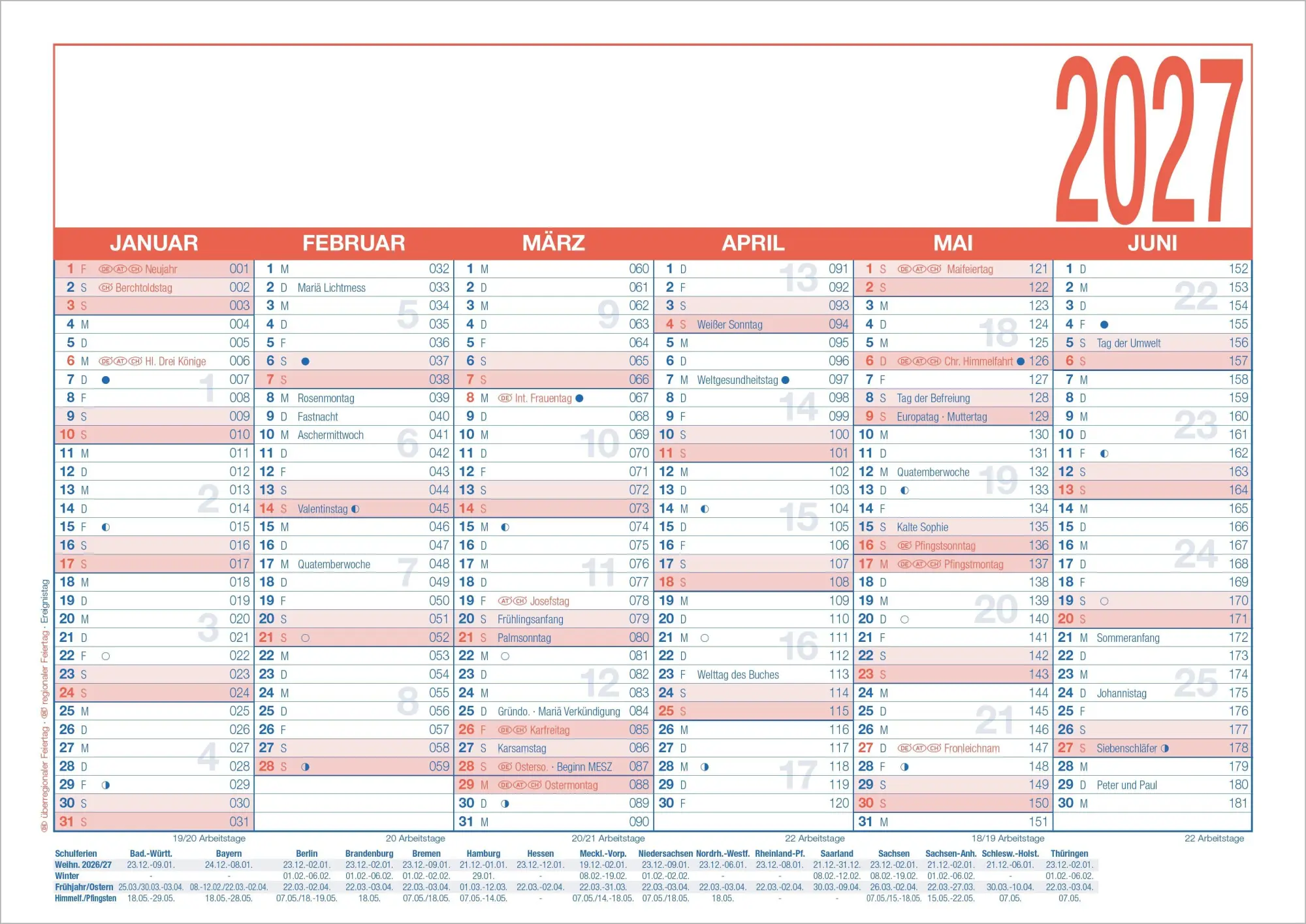 Cover: 4069095011281 | Arbeitstagekalender kaschiert A4 2027 | Neumann Verlage GmbH &amp; Co KG