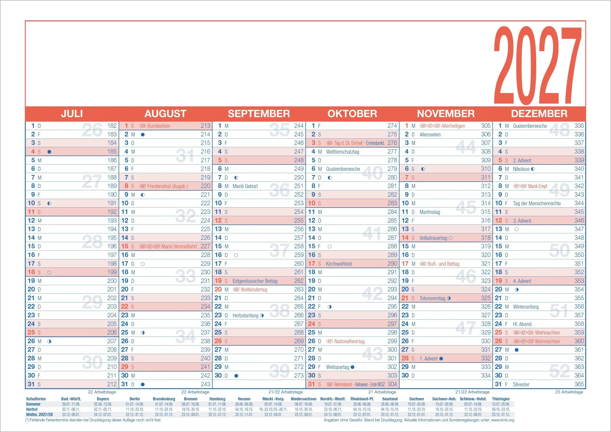 Bild: 4069095011281 | Arbeitstagekalender kaschiert A4 2027 | Neumann Verlage GmbH &amp; Co KG