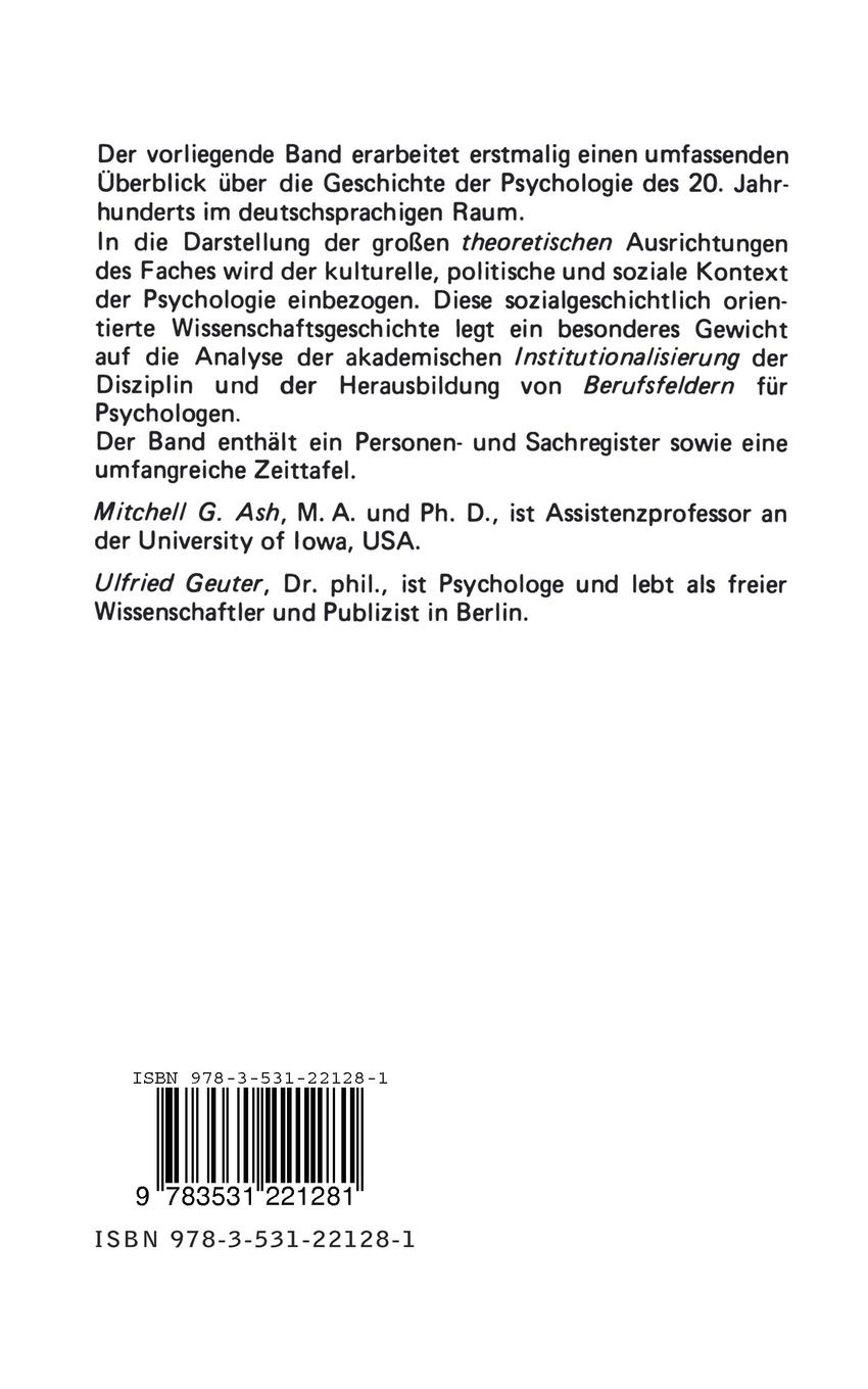Rückseite: 9783531221281 | Geschichte der deutschen Psychologie im 20. Jahrhundert | Taschenbuch