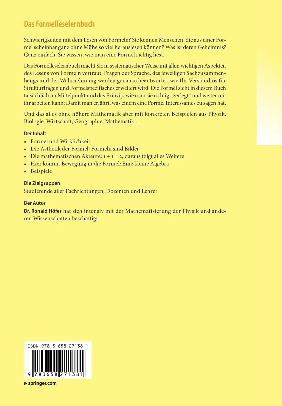 Rückseite: 9783658271381 | Das Formelleselernbuch | Was uns Formeln zu sagen haben | Ronald Höfer