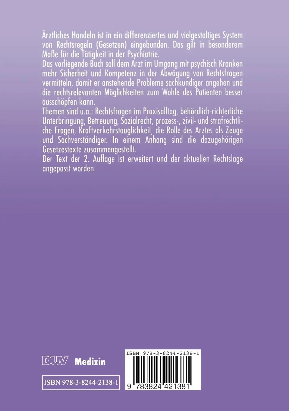 Rückseite: 9783824421381 | Rechtsfragen in Psychiatrie und Neurologie | Rudolf (u. a.) | Buch