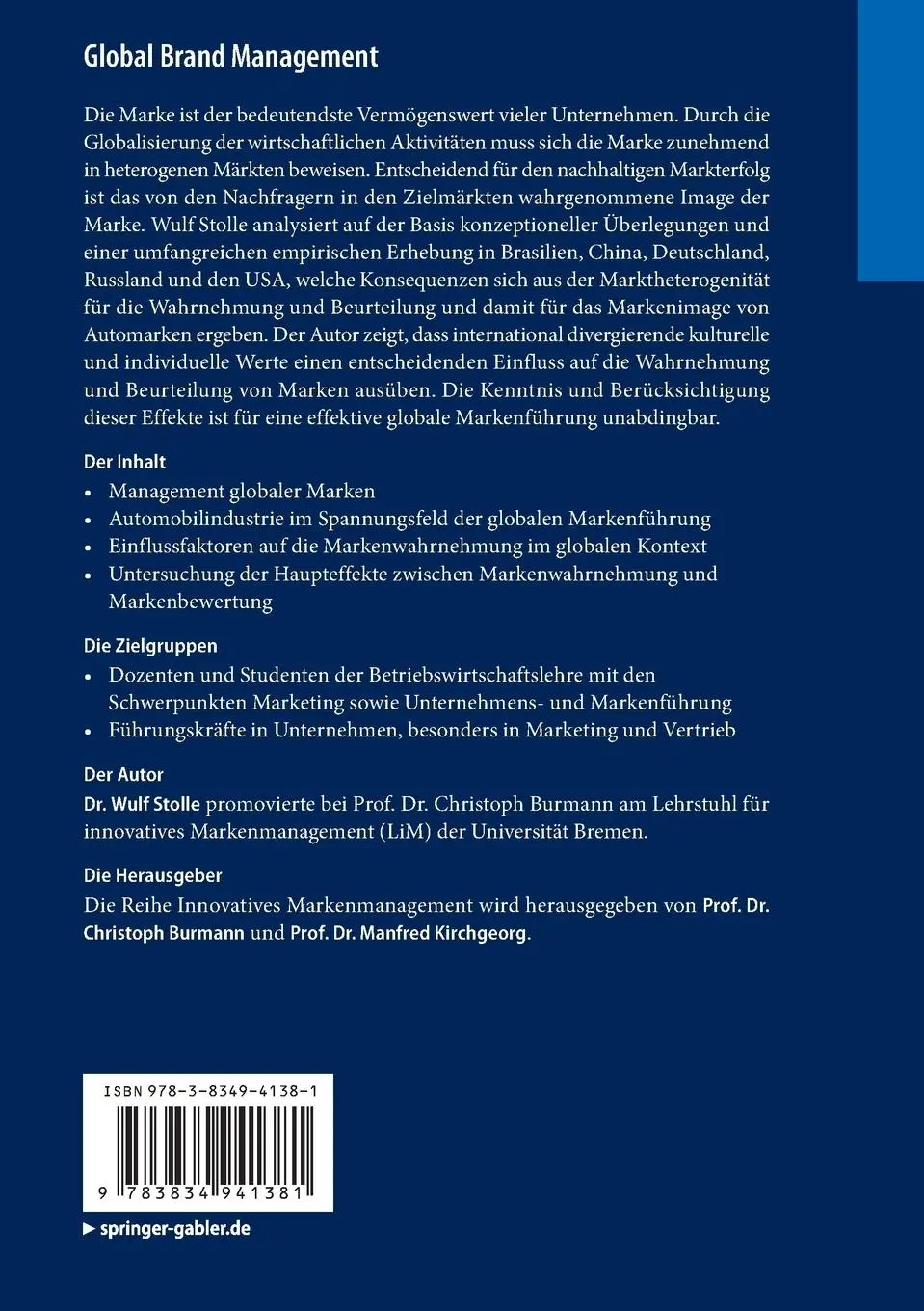 Rückseite: 9783834941381 | Global Brand Management | Wulf Stolle | Taschenbuch | xxxix | Deutsch