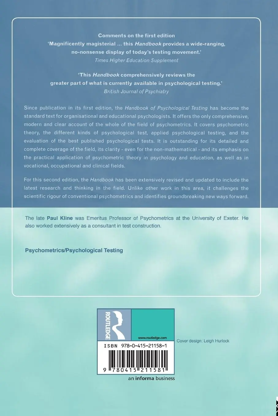 Rückseite: 9780415211581 | Handbook of Psychological Testing | Paul Kline | Taschenbuch | 1999
