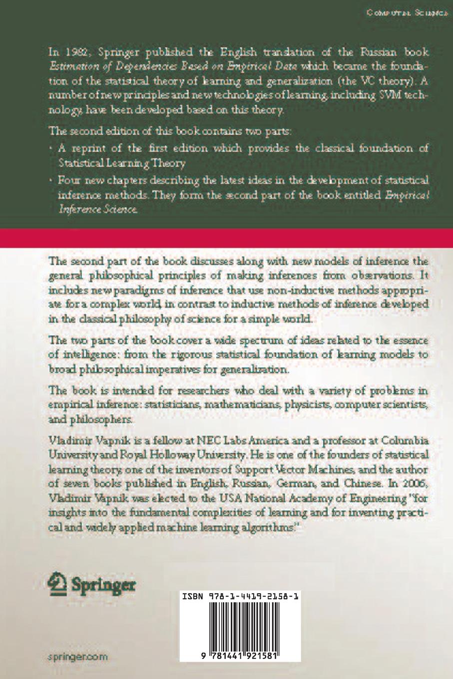 Rückseite: 9781441921581 | Estimation of Dependences Based on Empirical Data | V. Vapnik | Buch