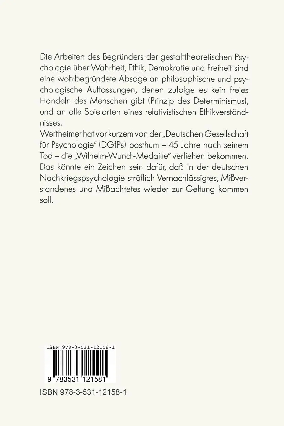 Rückseite: 9783531121581 | Zur Gestaltpsychologie menschlicher Werte | Michael Wertheimer | Buch