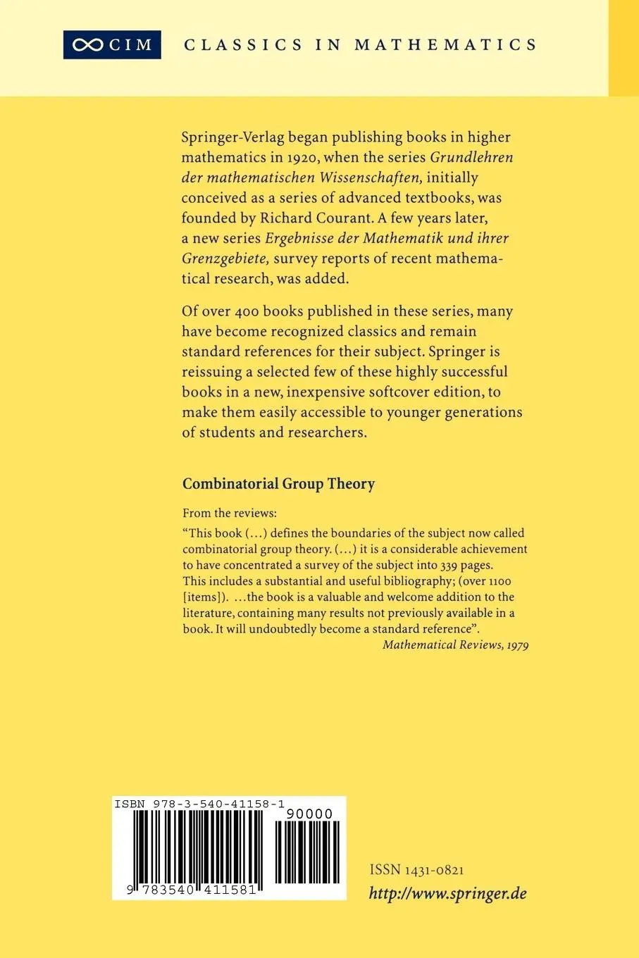 Rückseite: 9783540411581 | Combinatorial Group Theory | Paul E. Schupp (u. a.) | Taschenbuch