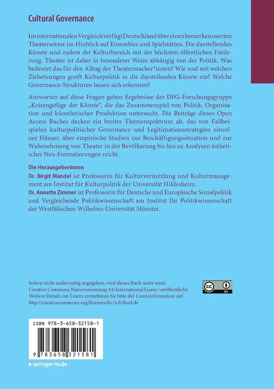 Rückseite: 9783658321581 | Cultural Governance | Annette Zimmer (u. a.) | Taschenbuch | Paperback