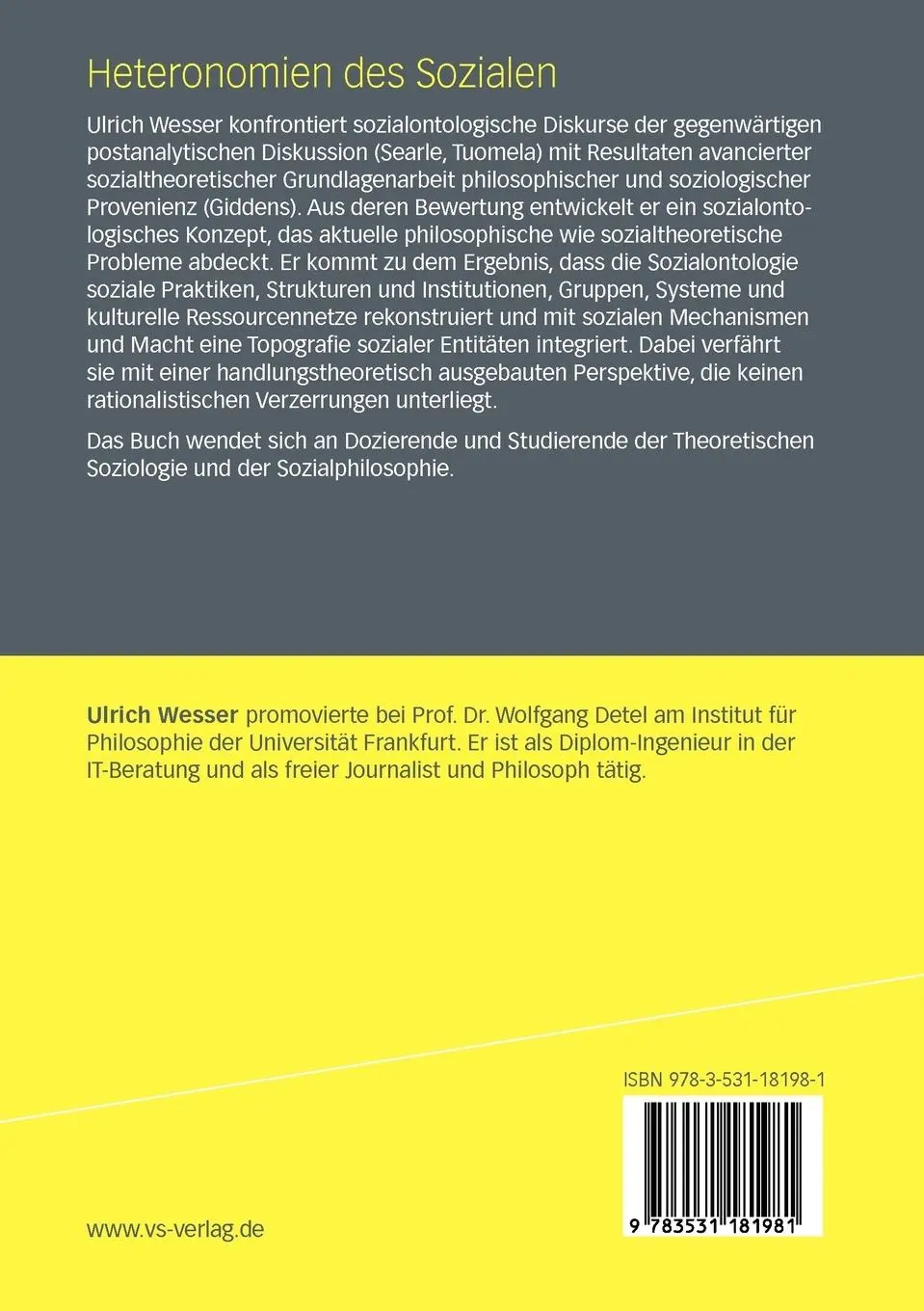 Rückseite: 9783531181981 | Heteronomien des Sozialen | Ulrich Wesser | Taschenbuch | 354 S.