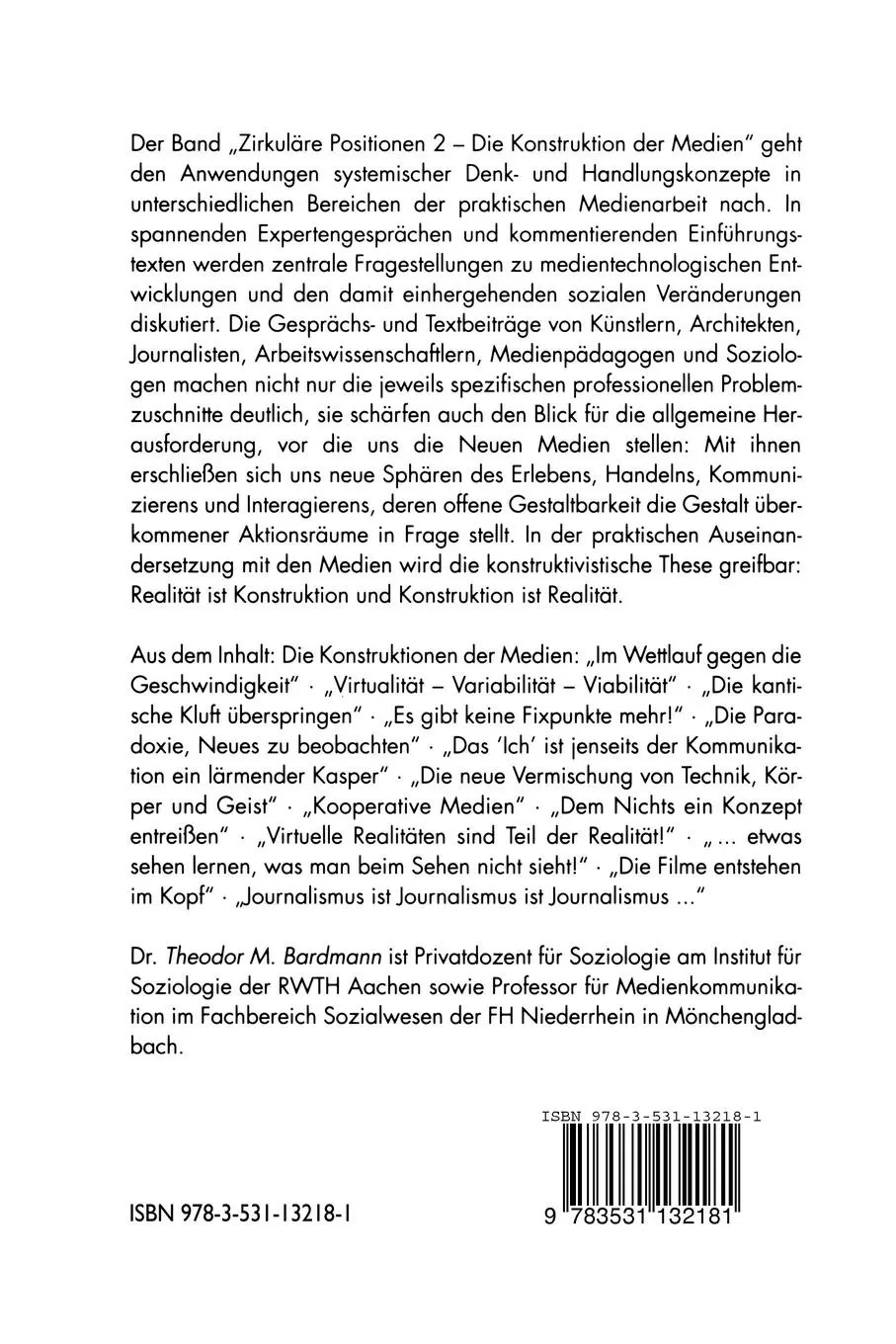 Rückseite: 9783531132181 | Zirkuläre Positionen 2 | Die Konstruktion der Medien | Bardmann | Buch