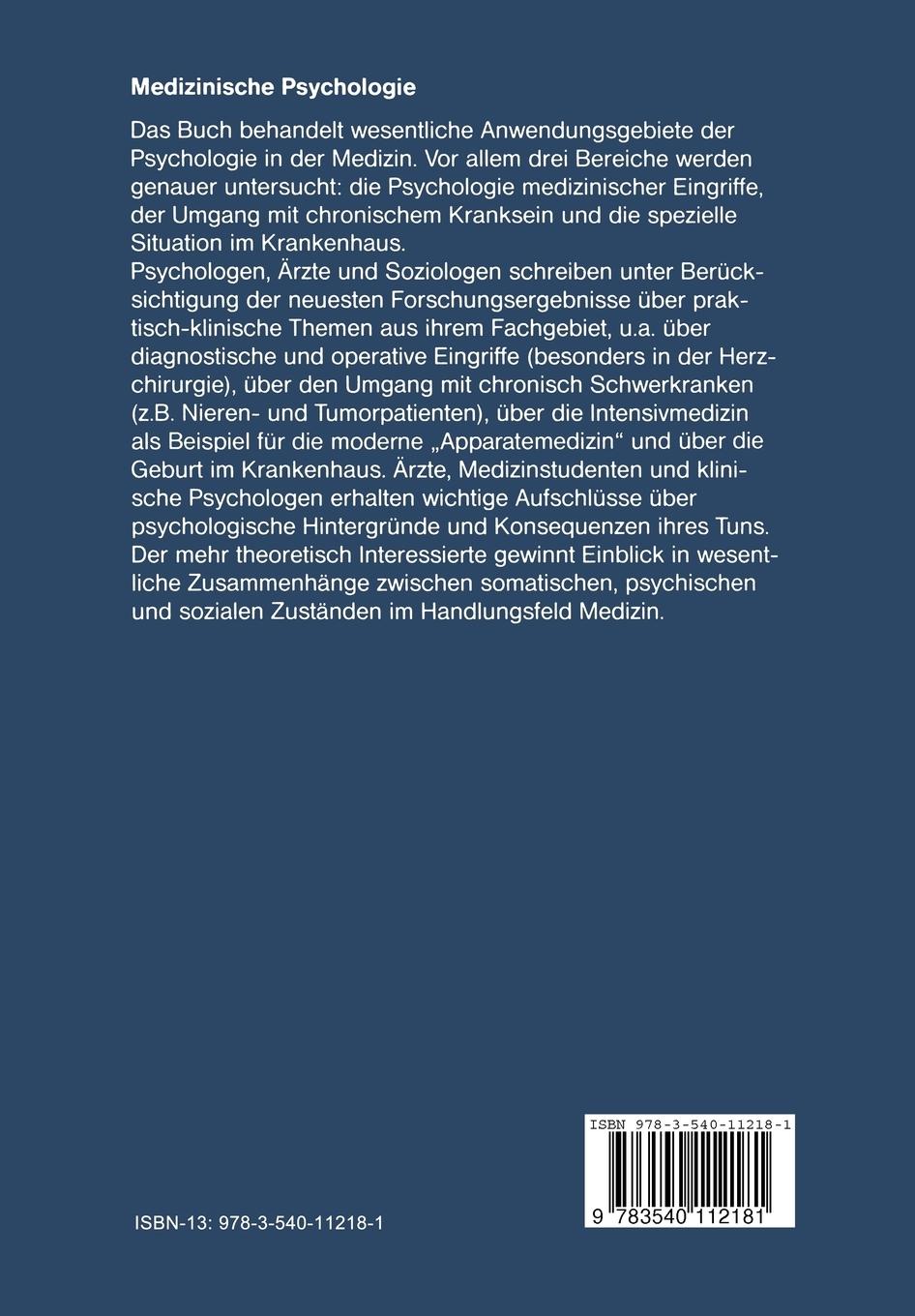 Rückseite: 9783540112181 | Medizinische Psychologie | Forschung für Klinik und Praxis | Buch