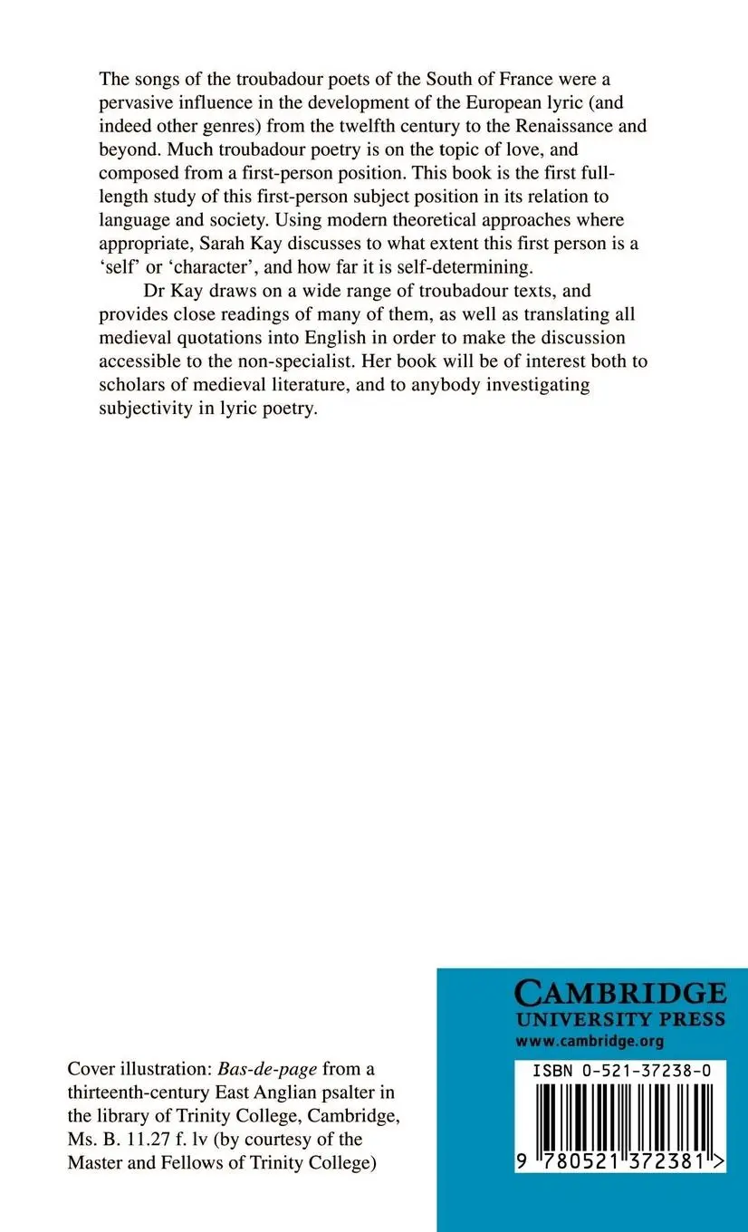 Rückseite: 9780521372381 | Subjectivity in Troubadour Poetry | Sarah Kay (u. a.) | Buch | 2003