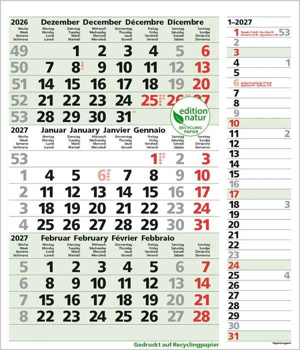 Bild: 9783819302381 | 3-Monats-Planer Combi Recyclingpapier 2027 | Verlag Korsch | Kalender