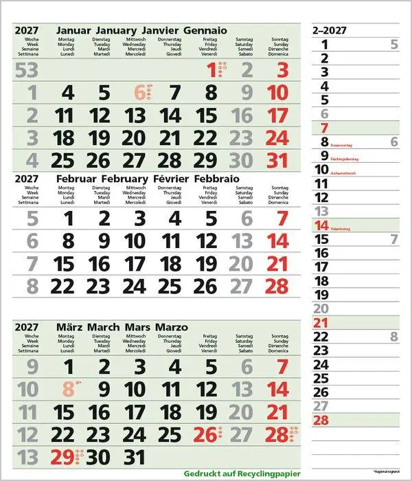 Bild: 9783819302381 | 3-Monats-Planer Combi Recyclingpapier 2027 | Verlag Korsch | Kalender